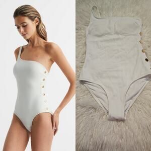 Reiss Bethany Asymmetric One-Shoulder Swimsuit in Ivory – Ribbed, Gold Buttons